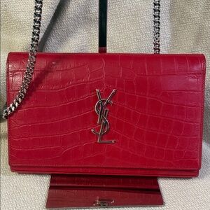 Authentic Yves Saint Laurent Red Croc-Embossed WOC with COA
